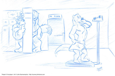 3_toes 4_fingers anthro barefoot being_watched claws clothed clothing dipstick_tail diving_board duo feet fingers fur gloves_(marking) hiding inside leg_markings locker looking_aside looking_at_another male markings multicolored_tail sign simple_background size_difference socks_(marking) solo_focus standing tail tail_markings text thought_bubble toes topless towel towel_only weighing_scale wet wet_body wet_fur white_background cooner tikaani canid canine canis mammal mustelid otter wolf 2011 blue_and_white english_text monochrome sketch url