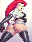 absolute_territory blue_eyes bottomwear breasts butt clothed clothing eyebrows eyelashes female gloves hair handwear holding_object holding_pokeball human_only legwear lipstick looking_at_viewer looking_back looking_back_at_viewer makeup midriff not_furry panties pokeball red_hair simple_background skirt solo standard_pokeball thigh_highs tight_clothing underwear upskirt white_background apostle nintendo pokemon team_rocket jessie_(team_rocket) human mammal 2012 archived_source grandfathered_content