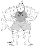 anthro barefoot big_biceps big_grin big_muscles big_pecs bottomwear clothed clothing elbow_fin feet fin huge_muscles male muscular muscular_anthro muscular_arms muscular_legs muscular_male nipple_piercing nipples one_eye_closed pecs piercing sharp_teeth shirt shorts smile solo striped_body stripes tail tail_fin tank_top teeth thick_tail topwear wink yongdasom discovery_channel shark_week fish great_white_shark mackerel_shark marine shark white_shark greyscale hi_res meme monochrome signature