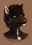 ambiguous_gender anthro black_body black_fur brown_hair curled_hair fur green_eyes hair heterochromia horn orange_eyes simple_background solo whiskers canned_(artist) bovid canid canine caprine hybrid mammal 2015 bust_portrait hi_res portrait