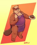 anthro apron apron_only beaver_tail brown_body brown_fur cake clothing dessert eyewear food fur glasses gradient_background holding_food holding_object holding_plate kemono male moobs name_tag overweight overweight_anthro overweight_male plate purple_clothing purple_eyes simple_background smile smiling_at_viewer solo tan_body tan_fur wearing_glasses reiko_u beaver mammal rodent 2025 hi_res