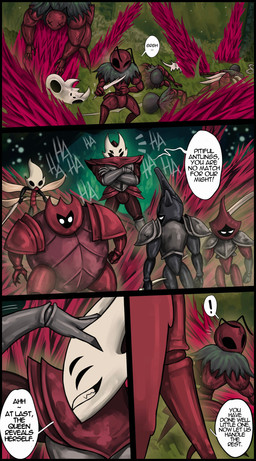 4_panel_comic antennae_(anatomy) anthro armor biped black_eyes black_text bulge clenched_teeth clothing defeated dialogue dress ellipsis empty_eyes exclamation_point group holding_melee_weapon holding_object holding_weapon male melee_weapon multi_eye muscular open_mouth open_smile red_body sharp_teeth smile speech_bubble standing talking_to_another teeth text weapon white_eyes wings wounded x_eyes iiimp family_guy_death_pose hollow_knight:_silksong hollow_knight_(franchise) team_cherry crust_king_khann skarrsinger_karmelita ant arthropod hymenopteran insect skarr 2026 absurd_res comic english_text hi_res meme