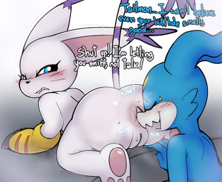 anthro anus blue_body blue_eyes blush bodily_fluids butt butt_sniffing claws clothing dialogue duo female fur genitals gloves handwear male male/female musk open_mouth sniffing sweat tail text vulva white_body white_fur scrambledeve bandai_namco digimon digimon_(species) gatomon mammal scalie veemon english_text hi_res