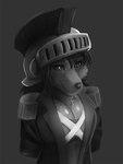 anthro armor chest_tuft clothing female fur grey_background headgear helmet looking_aside military_uniform simple_background smile solo tuft uniform general-irrelevant ellen_heart canid canine canis mammal wolf 3:4 half-length_portrait hi_res portrait