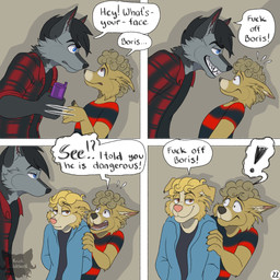 angry annoyed black_clothing black_hair black_shirt black_topwear blonde_hair blue_eyes brown_eyes cheek_tuft clothing curly_hair dialogue ears_back exclamation_point facial_tuft fangs flannel_shirt four_frame_image fur grey_body grey_fur group hair hand_on_arm hands_behind_back hiding_behind_another holding_object intimidation logo looking_at_mouth male page_number pattern_clothing pattern_shirt pattern_topwear pivoted_ears profanity pulling_object scared sending_away sharp_teeth shirt showing_teeth size_difference smile smirk speech_bubble spray_can striped_clothing striped_shirt striped_topwear stripes teeth text topwear trio tuft yellow_body yellow_fur kriek_wildebeest boris_(kriek_wildebeest) jeremy_(kriek_wildebeest) tom_(kriek_wildebeest) border_collie canid canine canis collie domestic_dog herding_dog husky hybrid mammal nordic_sled_dog pastoral_dog sheepdog spitz wolf 1:1 artist_logo comic english_text hi_res multiple_scenes brother_(lore) brothers_(lore) sibling_(lore)