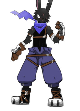 anthro biped black_body black_fur boots bottomwear clothed clothed_anthro clothed_male clothing ear_scar eye_scar facial_scar footwear forehead_scar front_view fully_clothed fully_clothed_anthro fully_clothed_male fur gloves handwear male male_anthro monotone_body monotone_fur oversized_bottomwear oversized_clothing oversized_pants pants plantigrade pose scar scarf shoes simple_background sleeveless_shirt slim slim_anthro slim_male solo straps white_background pizademokttero lagomorph leporid mammal rabbit 2026 absurd_res cel_shading digital_drawing_(artwork) digital_media_(artwork) hi_res shaded