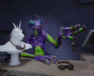 antennae_(anatomy) blue_eyes compound_eyes eyewear goggles goggles_around_neck leaning_on_object looking_at_viewer male purple_body solo store xenomaker_(artist) xenomaker_(modeler) ex-oh_(xenomaker) alien alien_humanoid animal_humanoid arthropod arthropod_humanoid humanoid insect insect_humanoid 3d_(artwork) blender_(artwork) blender_cycles_(artwork) digital_media_(artwork) hi_res