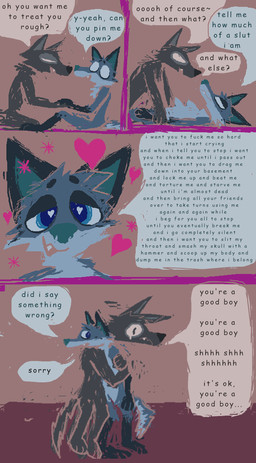 anthro apology blue_body blue_fur bodily_fluids crying dialogue dirty_talk duo fur grey_body grey_fur hug male male/male smile tears text demensa emil_(demensa) canid canine canis coyote domestic_dog hybrid mammal 2023 comic digital_media_(artwork) english_text hi_res