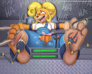 4_toes anthro barefoot bdsm blonde_hair blush bodily_fluids body_blush bondage bound brush clothing countershade_feet countershading feet female foot_blush foot_fetish foot_focus genitals hair humanoid_feet laugh long_hair machine open_mouth plantigrade ponytail restraints robotic_arm saliva sex_toy soles solo stocks stuck sweat tears text tickle_torture tickling tickling_genitalia tickling_machine tickling_vulva timer toes torn_clothing vibrator vulva aliscik activision crash_bandicoot_(series) coco_bandicoot bandicoot mammal marsupial english_text url