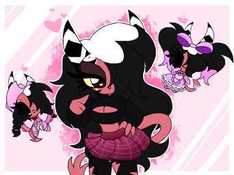 black_hair border bottomwear breasts chibi cleavage cleavage_cutout clothed clothing cowboy_hat cowboy_outfit crop_top cropped_long_sleeve_shirt cutout dress eye_scar facial_scar female hair hair_over_eye hat headgear headwear heart_catchlight heart_symbol horn long_hair midriff not_furry pants pattern_bottomwear pattern_clothing pattern_skirt pigtails pink_background pink_bottomwear pink_clothing pink_cowboy_hat pink_dress pink_hair_bow pink_outfit pink_skirt plaid plaid_bottomwear plaid_clothing plaid_skirt red_body red_skin scar shirt simple_background skirt solo spade_tail striped_horn stripes tail topwear torn_bottomwear torn_clothing torn_pants twintails_(hairstyle) white_border yellow_sclera cyrilwolff hellaverse helluva_boss sallie_may_(helluva_boss) demon horned_humanoid humanoid imp tailed_humanoid 2024 hi_res trans_(lore) trans_woman_(lore)