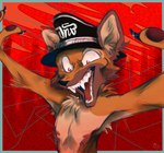 anthro black_clothing brown_body brown_fur chest_tuft clothed clothing fur furrowed_brow hat headgear headwear inner_ear_fluff male multicolored_body multicolored_fur nipples red_background red_eyes shirtless simple_background smile solo teeth tuft two_tone_body two_tone_fur cynocephaly lapfox_trax jackal_queenston canid canine canis domestic_dog german_shepherd herding_dog hybrid jackal mammal pastoral_dog 2020 half-length_portrait portrait