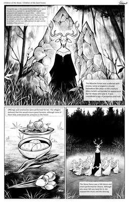 anthro antlers apple biped bowl bread clothing container dancing dress female flower food forest fruit group horn outside plant size_difference solo standing text text_box tree wheat tatujapa avian canid canine deer lagomorph leporid mammal rabbit 2026 absurd_res comic digital_media_(artwork) english_text hi_res monochrome