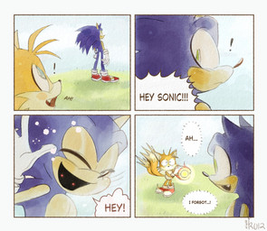 2_tails 4_panel_comic anthro blue_body blue_eyes blue_fur bodily_fluids body_invasion clothing cute_fangs dialogue dipstick_tail exclamation_point fangs field fluffy fluffy_tail footwear fur green_eyes group laser_gun male markings multi_tail outside ranged_weapon ready_or_not_here_i_come red_clothing red_eyes red_footwear red_shoes red_sneakers scared shoes sneakers speech_bubble sweat sweatdrop tail tail_markings teeth text trio weapon yellow_body yellow_fur cupgr sega sonic.exe_(creepypasta) sonic_the_hedgehog_(series) 2011_x miles_prower sonic_the_hedgehog canid canine eulipotyphlan fox hedgehog mammal 2026 colored comic english_text hi_res watermark