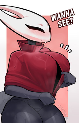 alternate_form anthro arthropod_abdomen big_breasts black_body blush bodily_fluids bottomless bottomless_anthro bottomless_female breasts cloak clothed clothing curvy_figure female non-mammal_breasts partially_clothed_female red_cloak red_clothing solo sweat sweatdrop thick_thighs undressing ckatnha hollow_knight_(franchise) team_cherry hornet_(hollow_knight) arthropod absurd_res hi_res