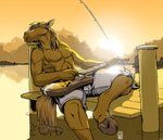 5_fingers anthro bay clothed clothing detailed_background fingers fishing_rod fur guitar hair hooves humanoid_hands lake male musical_instrument outside plucked_string_instrument relaxing sitting solo string_instrument rick_griffin equid equine horse mammal digital_media_(artwork)