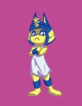 :< anthro blue_eyes blue_hair bob_cut clothing crossed_arms dress eyeliner female fur hair kalasiris looking_at_viewer makeup simple_background solo stripes uraeus white_clothing white_dress yellow_body yellow_fur octobland animal_crossing nintendo ankha_(animal_crossing) domestic_cat felid feline felis mammal hi_res