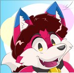 ambiguous_gender anthro canid canine collar fox fur hair hi_res holly_(ortiz) hybrid icon mammal open_mouth red_body smile solo wymek young young_ambiguous young_anthro
