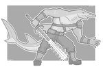 5_fingers anthro armor clothing fingers footwear frown holding_object holding_weapon long_pants male melee_weapon muscular nipples plantigrade shoes solo spaulder standing sword toothy_sword weapon snarkysardine fish marine ray_(fish) sawfish 2021 full-length_portrait hi_res monochrome portrait