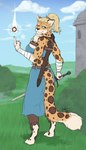 anthro bandage belt blonde_hair bottomwear clothing day female fur grass hair leopard_spots looking_at_viewer magic melee_weapon outside pants plant scabbard skirt solo spots sword weapon yellow_body yellow_fur blokfort felid leopard mammal pantherine hi_res