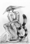 anthro female fur long_ears markings nude pose ring_(marking) ringed_tail solo striped_body striped_fur striped_markings striped_tail stripes tail tail_markings thinking thoughtful_expression unknown_artist the_thinker karmasi felid mammal si'itiae 2010 graphite_(artwork) greyscale inspired_by_formal_art monochrome traditional_media_(artwork)