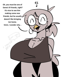 anthro beak big_breasts black_bottomwear black_clothing black_text bottomwear breasts brown_clothing brown_topwear cleavage clothed clothed_anthro clothed_female clothing ear_piercing ear_ring eyelashes eyes_closed eyewear female female_anthro front_view glasses hair hoop_ear_ring mature_anthro mature_female non-mammal_breasts piercing ring_piercing round_glasses sleeveless_clothing solo text topwear wearing_glasses xarop77 avian bird 2025 digital_drawing_(artwork) digital_media_(artwork) english_text hi_res