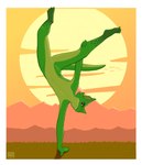 anthro athletic athletic_male balancing balancing_on_one_hand countershading detailed_background featureless_crotch green_body green_scales handstand holding_leg logo looking_at_viewer male mountain nude on_one_hand orange_eyes scales solo tail hapromeen mythology dragon mythological_creature mythological_scalie scalie wingless_dragon artist_logo dated hi_res