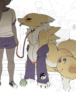 all_fours anthro anthro_focus areola armwear armwear_only bdsm biped blush blush_lines bodily_fluids breasts bridal_gauntlets bridal_gauntlets_only clothing collar crouching detailed_background dominant dominant_human dominant_male drooling female female_anthro female_focus fur genitals larger_female larger_sub leash leashed_collar looking_at_another looking_at_partner male male_human mostly_nude multicolored_body nipples outside petplay public public_exposure pupils roleplay saliva saliva_on_tongue saliva_string size_difference smaller_male smile submissive submissive_anthro submissive_female tail tail_motion tailwag thick_thighs tongue tongue_out vulva jingzhou14848 bandai_namco digimon canid digimon_(species) human mammal renamon hi_res