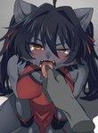 anthro big_breasts black_body black_fur black_hair blush breasts clothed clothing duo female female_anthro fur hair tongue tongue_out sgsix domestic_cat felid feline felis mammal