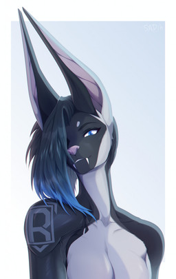 anthro big_ears black_body black_fur black_hair blue_eyes blue_hair breasts cybernetic_arm cybernetic_limb cybernetics eyebrows eyelashes fangs female female_anthro fur grey_body hair hair_over_eye highlights_(coloring) long_ears looking_at_viewer machine multicolored_body multicolored_fur multicolored_hair nude one_eye_obstructed pink_nose prosthetic prosthetic_limb simple_background smile solo teeth two_tone_hair white_body white_fur sadih canid canine canis cyborg hybrid jackal mammal bust_portrait digital_media_(artwork) hi_res portrait