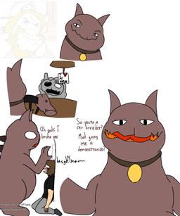 ambiguous_gender dialogue driving duo female feral flustered looking_down male male/female suggestive crane_(artist) asgore_running_over_dess mewgenics pyrophina_(mewgenics) zaratana_(mewgenics) human hybrid mammal hi_res sketch