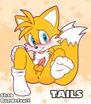 2_tails 4_toes 5_fingers animal_genitalia animal_penis anthro anus balls black_nose blue_eyes blush blush_lines bodily_fluids butt cheek_tuft chest_tuft clothing countershade_fur countershading dipstick_tail erection facial_tuft feet feral fingers fluffy fluffy_tail footwear fur genitals gloves hair handwear looking_at_viewer male markings multi_tail nude orange_body orange_fur pattern_background penis pink_penis presenting simple_background small_penis socks solo spread_legs spreading star-shaped_background star_pattern sweat tail tail_markings text toes tuft white_body white_clothing white_countershading white_footwear white_fur white_gloves white_handwear white_socks yellow_body yellow_fur young young_anthro young_male bundefault sega sonic_the_hedgehog_(series) miles_prower canid canine fox mammal character_name digital_media_(artwork) english_text