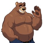 5_fingers anthro belly bottomwear clothing fingers humanoid_hands male moobs overweight overweight_male pants simple_background smile solo white_background skyskater brok_the_investigator cowcat_games r.j._(brok_the_investigator) bear mammal 1:1 2025 hi_res