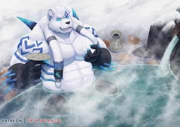 anthro hot_spring male moob_grab moobs muscular nipples onsen solo water primodrago league_of_legends riot_games tencent volibear bear mammal hi_res