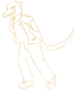 anthro bottomwear clothed clothing footwear fur hair half-closed_eyes male narrowed_eyes pants pose sharp_teeth shoes side_view simple_background solo tail teeth topwear vest walking white_background iblit american_opossum mammal marsupial virginia_opossum 2023 digital_media_(artwork) monochrome sketch yellow_and_white