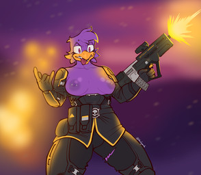 anthro areola armor barbell_piercing beak breasts bulge clothing exposed_breasts eyebrow_piercing eyelashes facial_piercing female gesture glistening_eyelids gun gynomorph hand_gesture intersex long_eyelashes nipple_piercing nipples piercing ranged_weapon reya_(bleeoooper) solo tongue tongue_out torn_clothing weapon vaalgarth helldivers avian humanoid hi_res