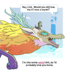 antlers bulging_eyes chain chained_cuffs claws countershade_face countershading dialogue fangs female feral flying fur_hair hand_on_chest happy horn humor love male mane sitting_on_another size_difference smile speech_bubble teeth text toe_claws sb_torchic mythology nintendo tears_of_the_kingdom the_legend_of_zelda light_dragon_(totk) link_(wolf_form) canid canine canis dragon eastern_dragon mammal mythological_creature mythological_scalie scalie wolf comic english_text one_panel_comic