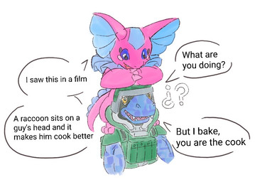 anthro armor blue_body blue_scales bow_tie carrying_another duo female frill_(anatomy) headgear helmet male military on_head pink_body pink_scales scales smile soldier text warrior thornorosemary bandai_namco digimon digimon_beatbreak commandramon digimon_(species) elizamon scalie english_text