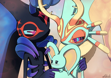 ambiguous_gender anthro antlers big_ears biped bipedal_feral black_body black_sclera blue_eyes blush blush_lines blush_stickers chest_tuft colored_nails countershade_torso countershading crystal feral fingernails fur group head_wings horn huge_wings looking_at_another mouthless multicolored_body multicolored_eyes multicolored_fur nails neck_tuft notched_ear orange_body orange_fur pink_eyes pupils purple_fingernails purple_nails semi-anthro simple_background size_difference star_eyes tan_background tan_body tan_fur teal_body teal_eyes teal_fingernails teal_fur teal_nails teal_sclera trio tuft unusual_wing_placement white_pupils wings ahab_null kirby_(series) kirby_and_the_forgotten_land nintendo elfilin fecto_elfilis genwel_meteonelfilis alien chinchilla chinchillid mammal rodent starling_(kirby) 2026 absurd_res digital_drawing_(artwork) digital_media_(artwork) half-length_portrait hi_res japanese_description portrait signature male_(lore)