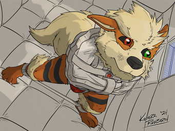 4_toes ankle_cuffs anthro asylum bdsm black_snout blonde_hair bondage bound clothing collar_tag cuff_(restraint) ears_back fangs feet fluffy fluffy_tail fur green_eyes grey_markings grey_sclera grey_stripes hair heterochromia high-angle_view inside jockstrap leg_tuft long_tail looking_through looking_through_window male markings multicolored_body multicolored_fur orange_body orange_ears orange_feet orange_fur orange_legs orange_paws padded_room pivoted_ears red_clothing red_eyes red_jockstrap red_underwear restraints solo standing straitjacket straps striped_legs stripes tail teeth toes tuft two_tone_body two_tone_fur underwear worried yellow_body yellow_fur yellow_inner_ear yellow_tail yellow_tuft kemira nintendo pokemon team_rocket arcanine generation_1_pokemon pokemon_(species) 2024 digital_drawing_(artwork) digital_media_(artwork) hi_res signature