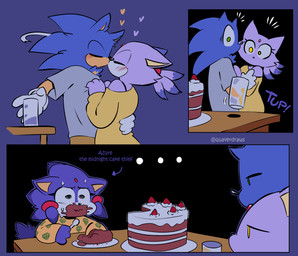 blue_body blue_fur blush bodily_fluids cake clothing dessert dialogue female food fur furniture gloves green_eyes handwear inside kissing male nervous nervous_sweat romantic sweat table text water quavernsfw sega sonic_the_hedgehog_(series) azure_(quavernsfw) blaze_the_cat fan_character sonic_the_hedgehog domestic_cat eulipotyphlan felid feline felis hedgehog mammal comic english_text hi_res daughter_(lore) parent_(lore) parent_and_child_(lore) parent_and_daughter_(lore)