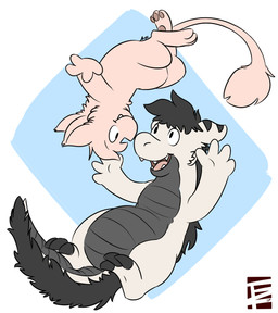 3_toes 4_fingers black_hair blue_background duo fangs feet feral fingers fur grey_body grey_fur hair looking_at_another male open_mouth pawpads paws pink_body pink_fur simple_background teeth toes tongue white_background trozte mythology nintendo pokemon dragon generation_1_pokemon legendary_pokemon mew_(pokemon) mythological_creature mythological_scalie pokemon_(species) scalie wingless_dragon 2017 hi_res