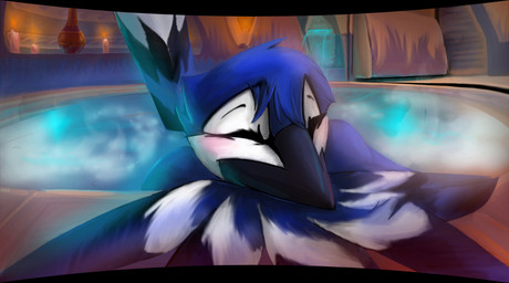 ambiguous_gender anthro bath beak black_beak blush candle eyebrows eyelashes feathered_wings feathers fog solo water wings corrvo mati avian bird blue_jay corvid jay_(bird) new_world_jay oscine passerine hi_res