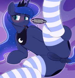 clothing female feral footwear horn inviting open_mouth socks solo spread_legs spreading text wings sunrise_hooves friendship_is_magic hasbro my_little_pony mythology princess_luna_(mlp) equid equine horse mammal mythological_creature mythological_equine pony unicorn winged_unicorn english_text hi_res