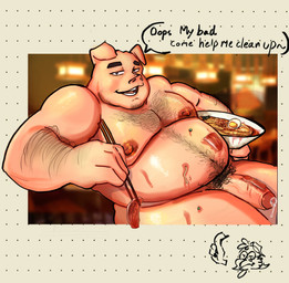 anthro areola balls belly big_belly bodily_fluids body_hair bowl chest_hair chopsticks container dialogue egg eyebrows fingers food food_on_body food_on_penis fur genital_fluids genitals half-closed_eyes half-erect holding_bowl holding_chopsticks holding_container holding_object humanoid_genitalia humanoid_penis leaking_precum looking_at_viewer male meat moobs narrowed_eyes nipples noodles nude obese obese_anthro obese_male open_mouth overweight overweight_anthro overweight_male penis pork precum precum_string pubes smile solo speech_bubble talking_to_viewer text coki6sip lego lego_monkie_kid pigsy_(lego_monkie_kid) domestic_pig mammal suid suine sus_(pig) digital_media_(artwork) english_text hi_res
