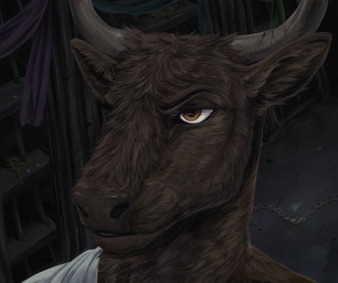 amber_eyes anthro bars chain clothing cracked_horn detailed_background female fluffy fluffy_ears horn solo alpineheart european_mythology greek_mythology mythology bovid bovine mammal minotaur absurd_res digital_media_(artwork) headshot_portrait hi_res portrait