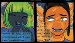 anthro biped black_body buckteeth dialogue duo ear_piercing female green_eyes green_hair hair male orange_body piercing speech_bubble teeth text pyredaemos squigga axolotl_humanoid mammal rodent sciurid tree_squirrel 2024 comic digital_media_(artwork) english_text hi_res