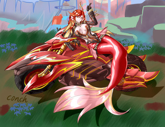 alternate_species breasts clothed clothed_female clothing ear_fins female fin globe hair mermaid_tail mermaidification motorcycle red_eyes red_hair red_tail solo split_form tail topwear vehicle conch_(pixiv) genshin_impact mihoyo mavuika_(genshin_impact) aquatic humanoid_merfolk merfolk absurd_res hi_res
