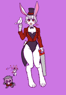 alice_(fanggoblin) anthro bangs black_bow_tie blush bow_tie breasts cleavage clothed clothing curvy_figure eyeshadow female feral fur gloves group hair handwear hat headgear headwear hourglass_figure jacket leotard lipstick looking_at_viewer magician magician_hat makeup male medium_breasts purple_background purple_eyeshadow red_clothing red_eyes red_jacket red_lipstick red_topwear saw scut_tail sequins short_tail showgirl simple_background smile speech_bubble standing tail thick_thighs tools top_hat topwear trio white_body white_clothing white_fur white_gloves white_hair white_handwear wide_hips fanggoblin showbiz_pizza_place the_rock-afire_explosion rolfe_dewolfe avian bird canid canine canis columbid domestic_rabbit dove lagomorph leporid mammal oryctolagus rabbit wolf absurd_res colored digital_drawing_(artwork) digital_media_(artwork) hi_res