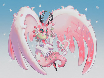 ambiguous_gender anthro antlers big_ears biped bipedal_feral blue_background blush blush_stickers colored_nails countershading dango_(food) digitigrade dipstick_tail duo feral fingernails flower flower_in_fur fluffy fluffy_tail food fur gradient_background green_eyes green_fingernails green_nails green_sclera head_wings horn huge_wings looking_at_viewer markings mouthless multicolored_body multicolored_fur nails notched_ear petals pink_body pink_eyes pink_flower pink_fur plant simple_background size_difference tail tail_markings tan_body tan_fur three-quarter_view unusual_wing_placement white_background white_body white_fur wings kamabokobun kirby_(series) nintendo elfilin fecto_elfilis alien chinchilla chinchillid mammal rodent starling_(kirby) 2022 digital_drawing_(artwork) digital_media_(artwork) hi_res signature male_(lore)