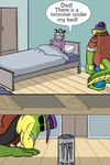 anthro bed bedding bedroom blanket bottomwear can clothing container countershading dad_joke dialogue duo eyewear furniture green_body grey_body hat headgear headwear inside male pants pillow shirt sunglasses text topwear lentum brok_the_investigator cowcat_games monster_energy brok_(brok_the_investigator) graff_filsh alligator alligatorid crocodilian domestic_cat felid feline felis mammal reptile scalie 2021 2:3 comic english_text hi_res meme